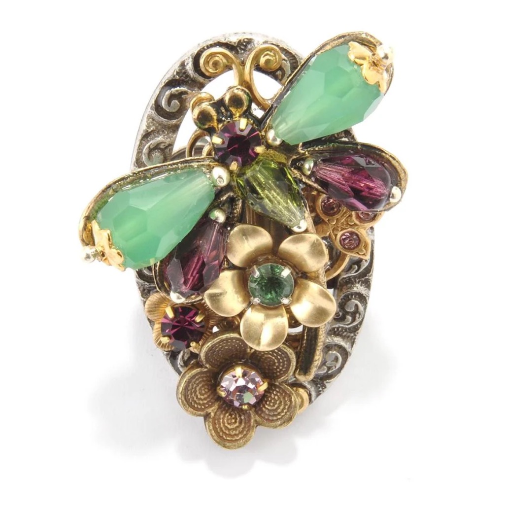 Retired Sweet Romance Ring Dragonfly Ring Jeweled Flowers Adjustable 65$